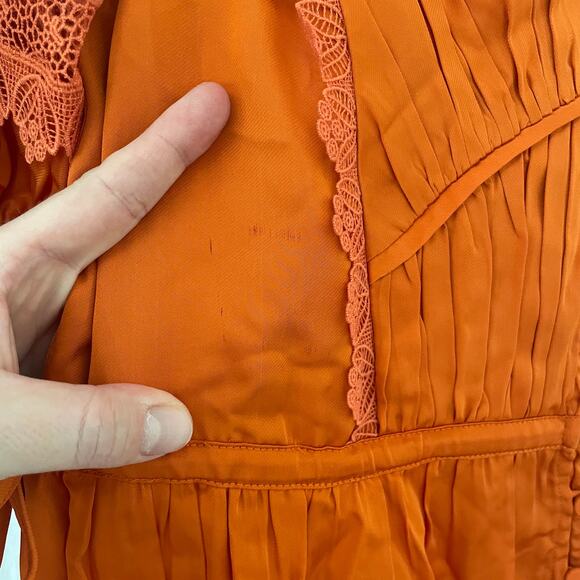 NWT SELF-PORTRAIT Lace Trim Satin Twill Ruffle Midi Dress In Orange Size 0 UK 4 - Picture 9 of 11